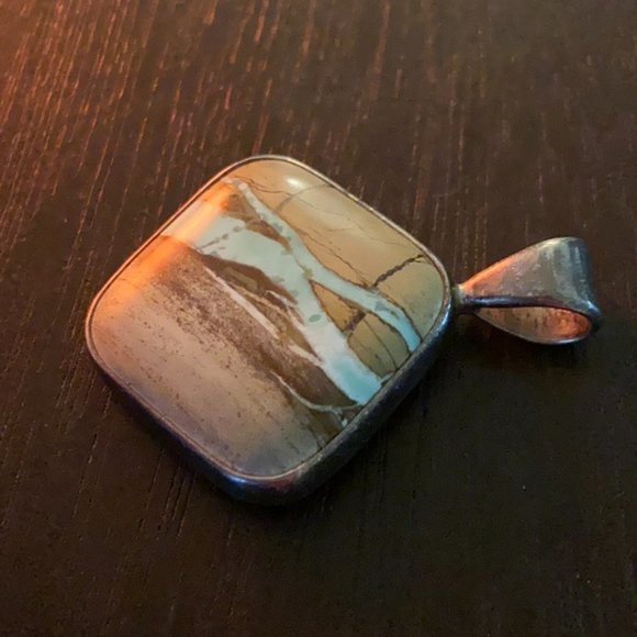 Light Blue and Brown Stone Large Square 925 Silver Pendant - Picture 1 of 7